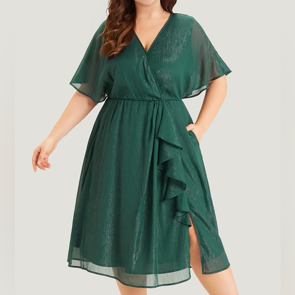 Women's Emerald Green V-Neck Wrap Midi Dress